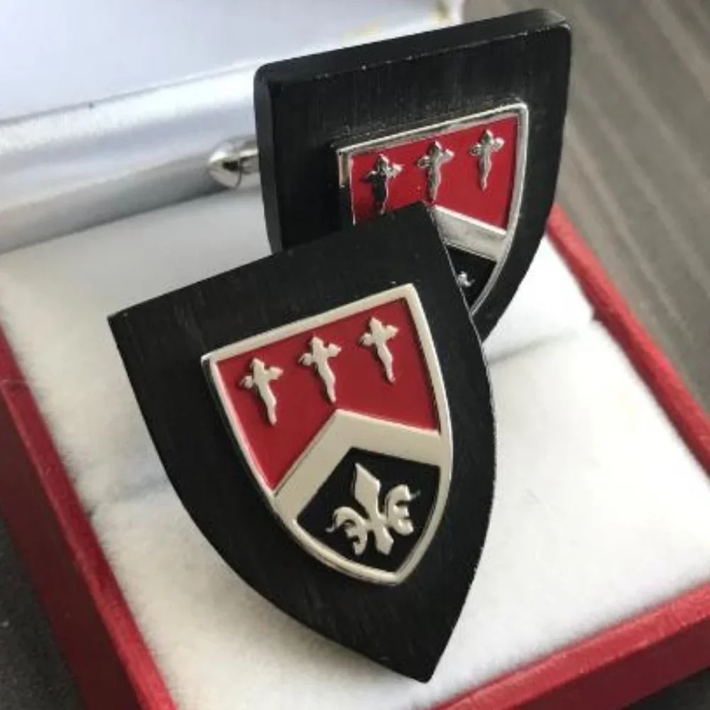 Swank Wood Base Shield & Crest Cuff Links